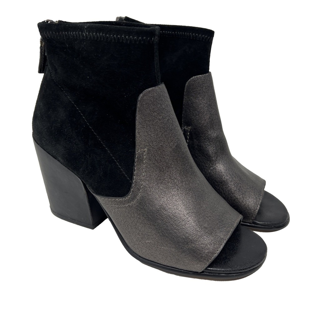 Naked Feet Beta Bootie Leather/Suede Upper Block Heel Peep Toe 7.5 Black Bronze